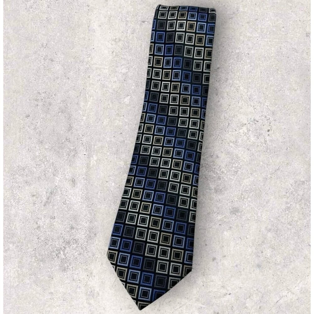 MICHAEL KORS Silk Tie Black Blue White Geometric W:3.2" EUC